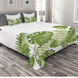 Monstera leaves on white queen bedspread plus 2 shams $150 - Never used! Mint!